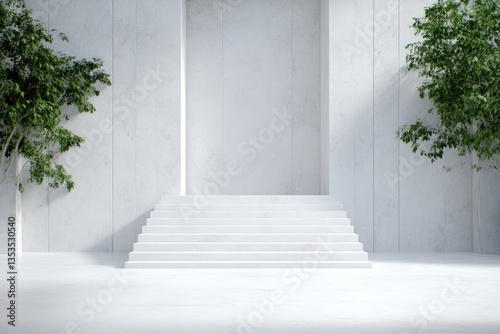 Minimalist white concrete interior with stairs and greenery