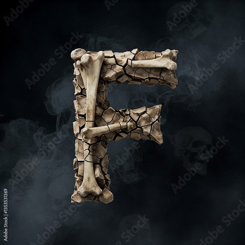 Letters F made of cracked bone fragments and dark smoke.