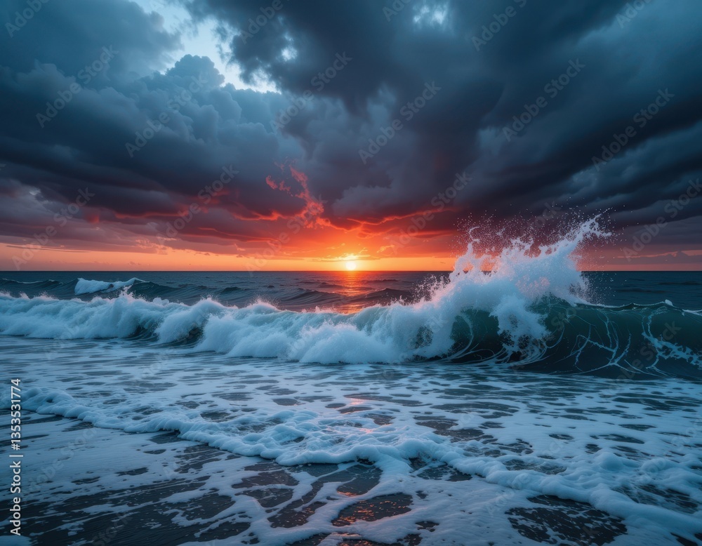 Fototapeta premium Dramatic Ocean Waves Crashing on the Shore at Sunset with a Fiery Sky