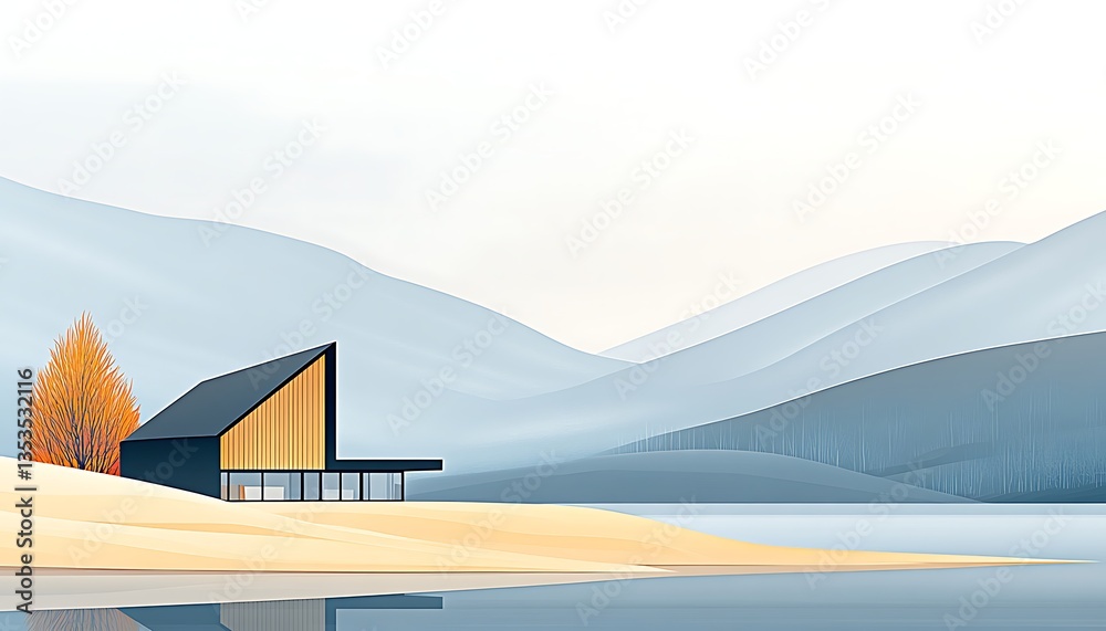 Fototapeta premium Modern House with Lake, and Mountain View.