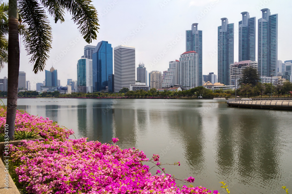 Φωτογραφία The lake, bougainvilleas and skyscrapers around Benjakiti Park, Bangkok, Thailan