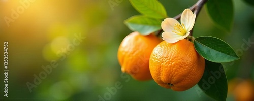 Close-up of ripe orange fruit and delicate orange blossom on branch, citrus, natural, fresh