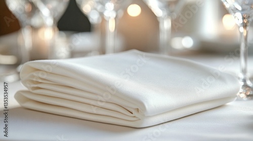 Folded white linen napkin on a table setting in a restaurant.