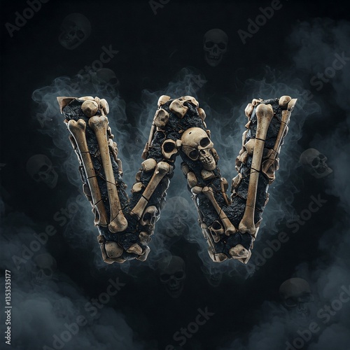 Letters W made of cracked bone fragments and dark smoke.