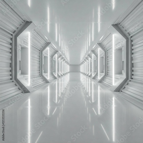 Futuristic White Sci-Fi Corridor with Symmetrical Lighting     AI Generated