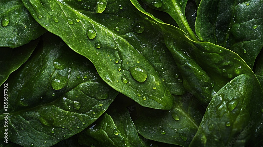 Fototapeta premium Fresh Spinach Leaves with Water Droplets Evoking a Sense of Freshness