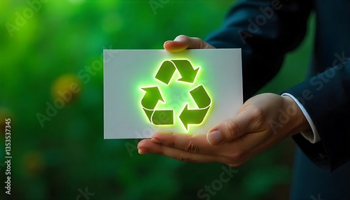 hand holding recycling symbol on green background