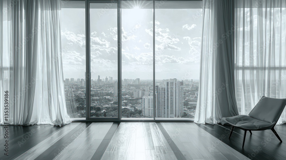 Obraz premium Monochrome sheer curtains in a high-rise apartment with a city view