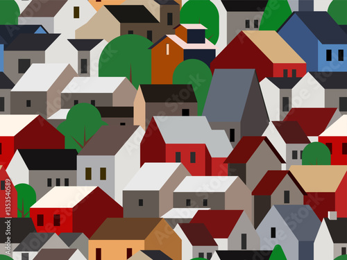 Colorful Geometric Houses and Buildings in an Urban Town Seamless pattern,wallpaper background for your design , wrapping paper, fabric vector illustration	