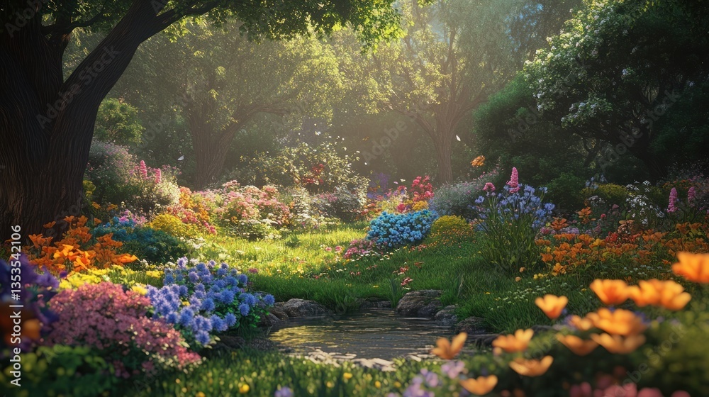 Sunlit floral haven: A serene garden escape overflowing with vibrant blooms Sunlit floral haven: A serene garden escape overflowing with vibrant blooms