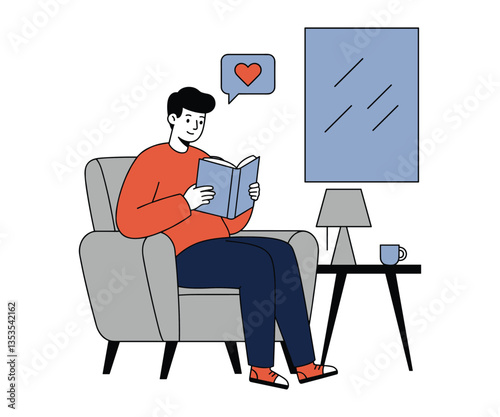 Minimalist Young Man Reading in Modern Armchair with Heart Icon