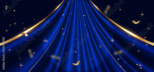 Blue curtain background. Golden confetti banner and ribbon background.