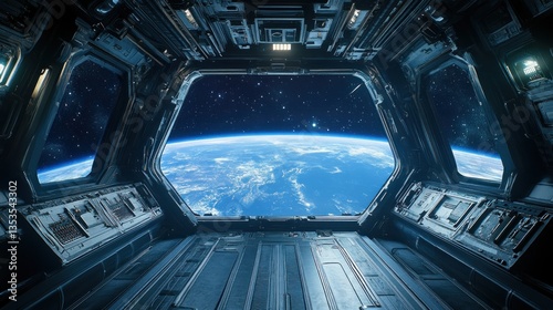 Fototapeta Naklejka Na Ścianę i Meble -  Spectacular view of Earth from inside a modern space station habitat module