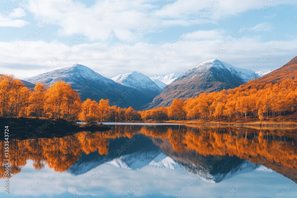 Obraz premium Autumnal Mountain Lake Reflection, Calm Waters, Golden Trees, Snow-Capped Peaks