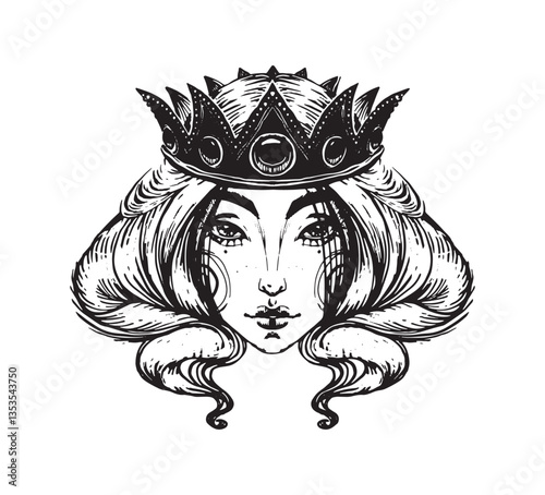 Queen head vintage stylish icon, woman in crown with gorgeous hair illustration, mystical tattoo, fairy tale engraving for logo, isolated vector.