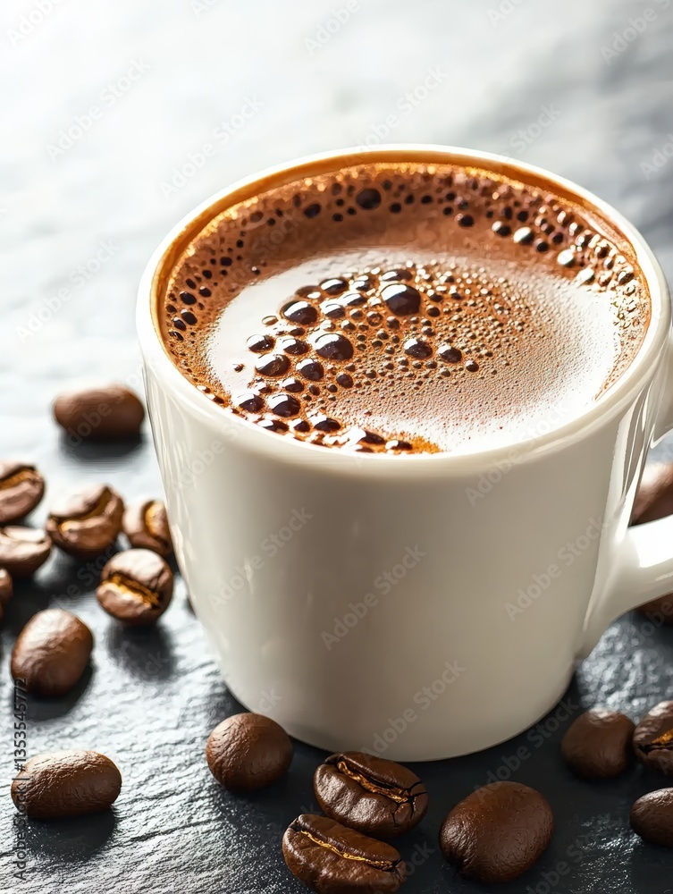 Close-up shot of a steaming cup of espresso with scattered coffee beans on dark surface, creating an inviting and rich coffee atmosphere, perfect for enthusiasts. Close-up shot of a steaming cup of espresso with scattered coffee beans on dark surface, creating an inviting and rich coffee atmosphere, perfect for enthusiasts.