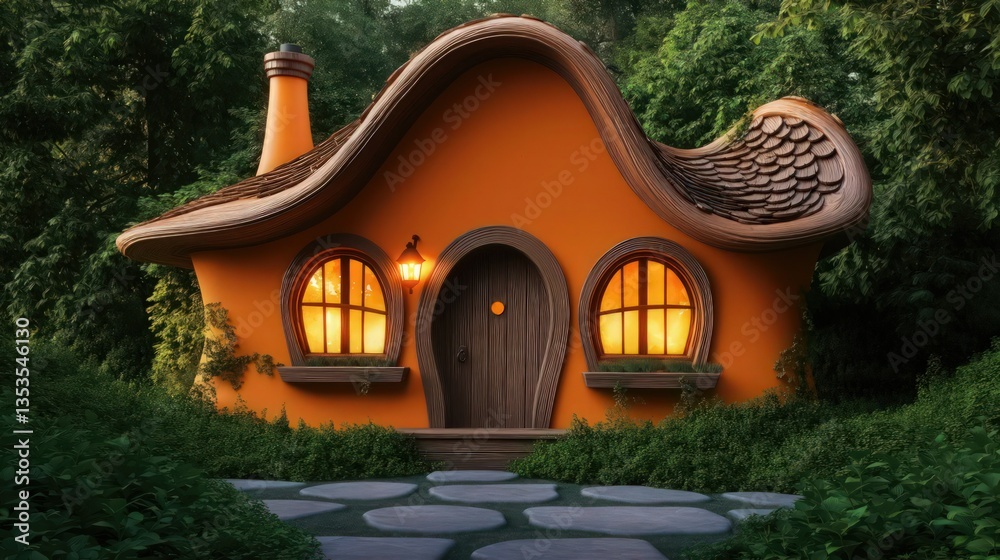 Fototapeta premium A vibrant orange fairy-tale cottage with a swirled roof, wooden window frames glowing softly, and a cozy arched entrance. 