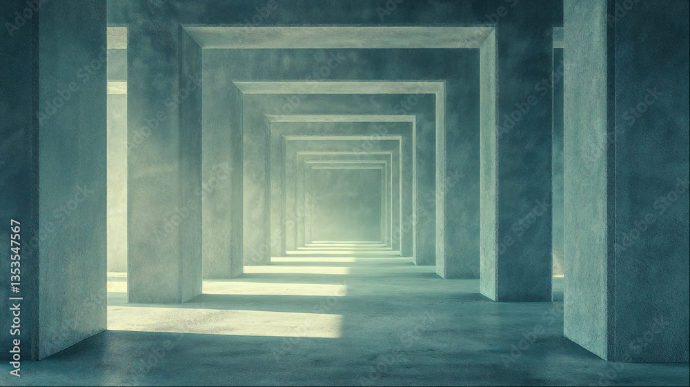 Fototapeta premium Minimalist concrete corridor with symmetrical columns and perspective lighting, modern geometric architectural interior