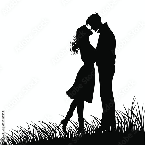 Romantic couple silhouette walking in the park, vector illustration