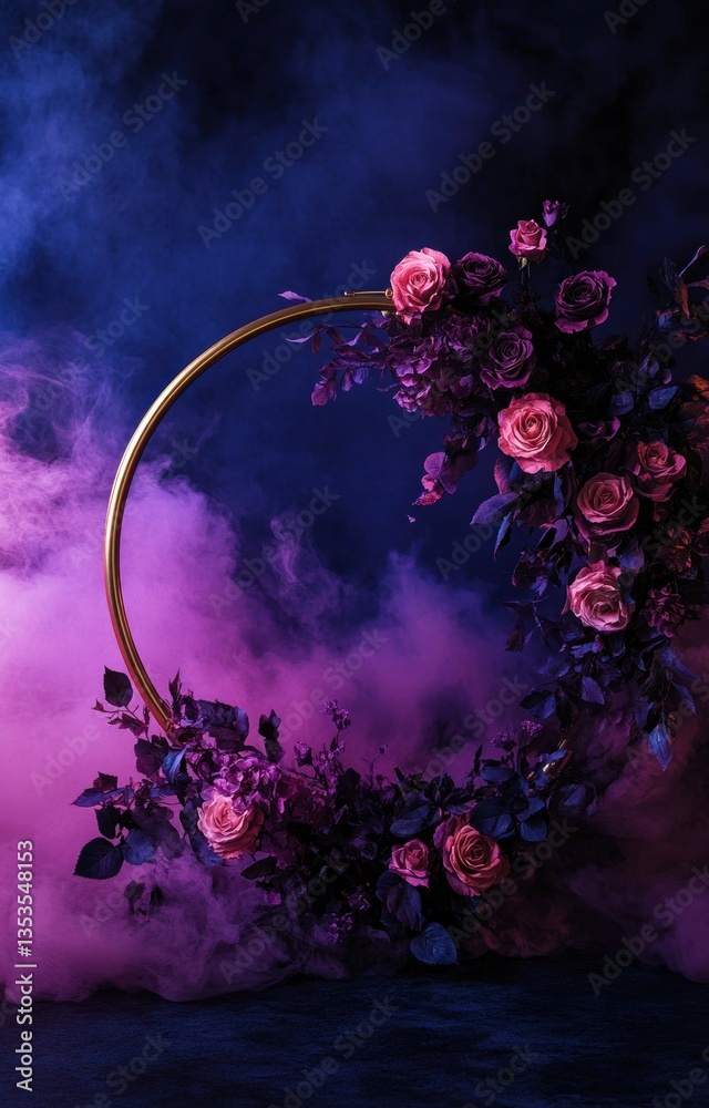Obraz premium A floral wreath of roses is framed by a golden circle