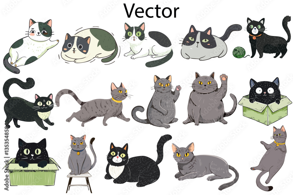 Fototapeta premium Cat Vector Set Funny Cat Cute and funny cat illustrations Cat Illustration set Handmade scribbles doodle illustrations