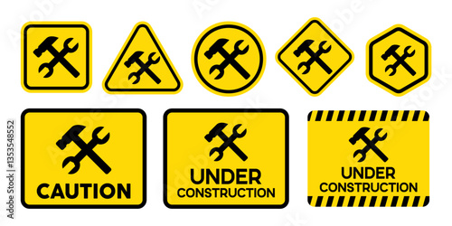 Collection set vector of under construction sign, men at work sign, road works sign, caution sign, in black and yellow design.