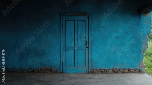 Aged teal-blue wall with wooden door
