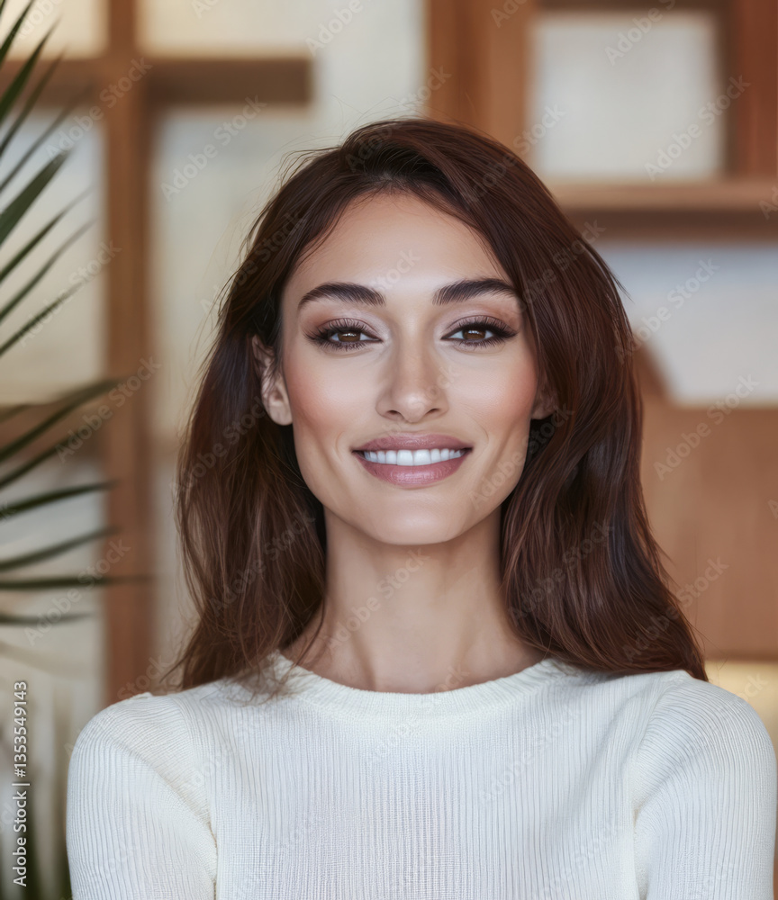 Smiling woman in a cozy indoor setting with natural light at daytime Smiling woman in a cozy indoor setting with natural light at daytime