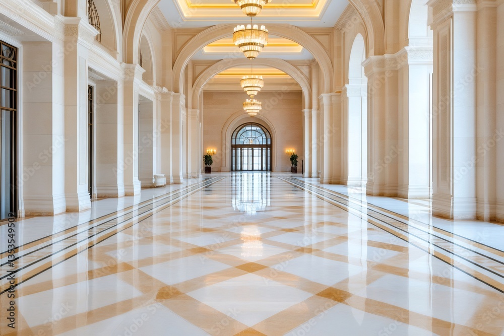 Luxurious marble corridor with columns and chandeliers illuminating the entrance Luxurious marble corridor with columns and chandeliers illuminating the entrance