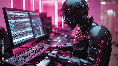 Futuristic robot musician in recording studio