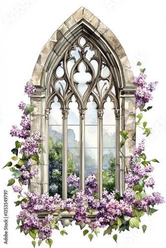 An elegant watercolor depiction of a gothic arched window with flowers