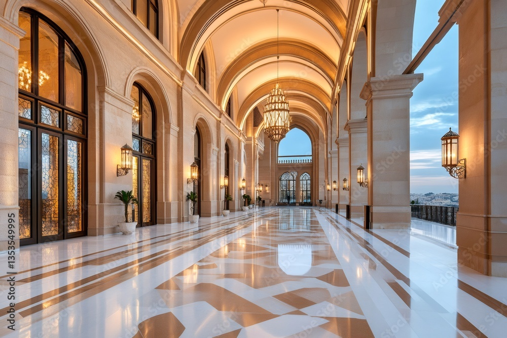 Luxurious colonnade with marble floor reflecting warm light at sunset Luxurious colonnade with marble floor reflecting warm light at sunset