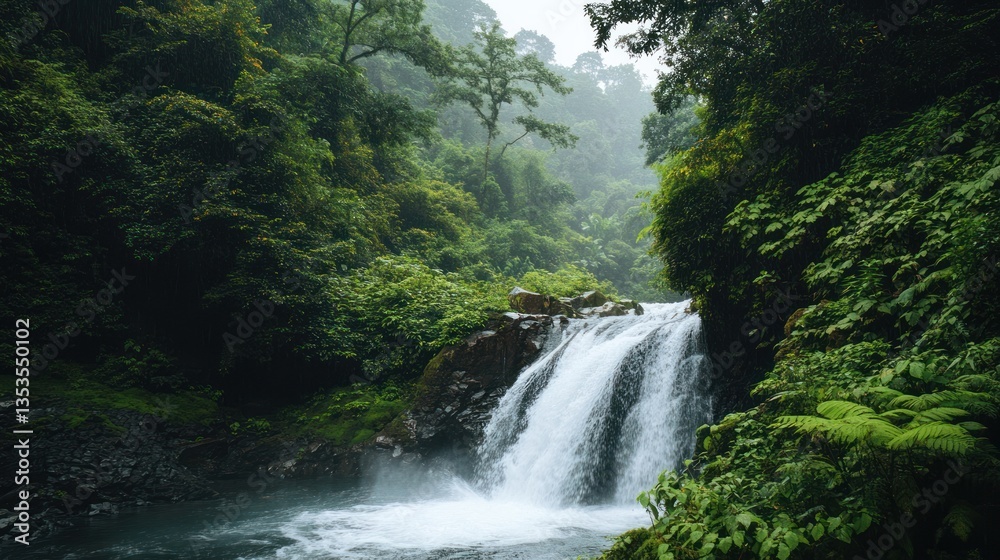 Fototapeta premium Secluded tropical waterfall cascading into a serene river surrounded by lush greenery