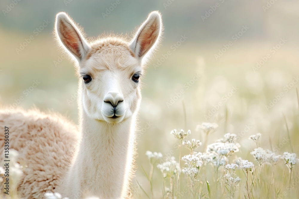 Obraz premium White llama standing in a field of flowers