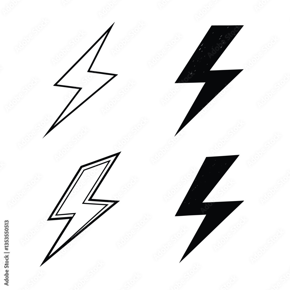 Four stylized lightning bolt icons in black and white.