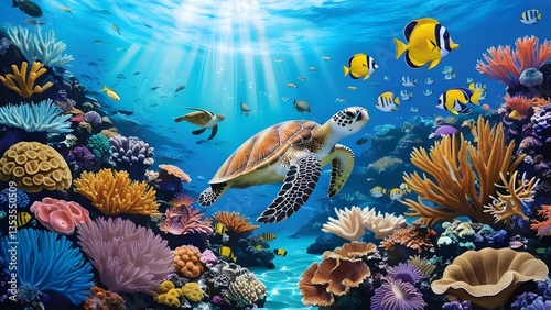  A vibrant underwater scene teeming with colorful coral formations, exotic marine life, and crystal-clear waters.