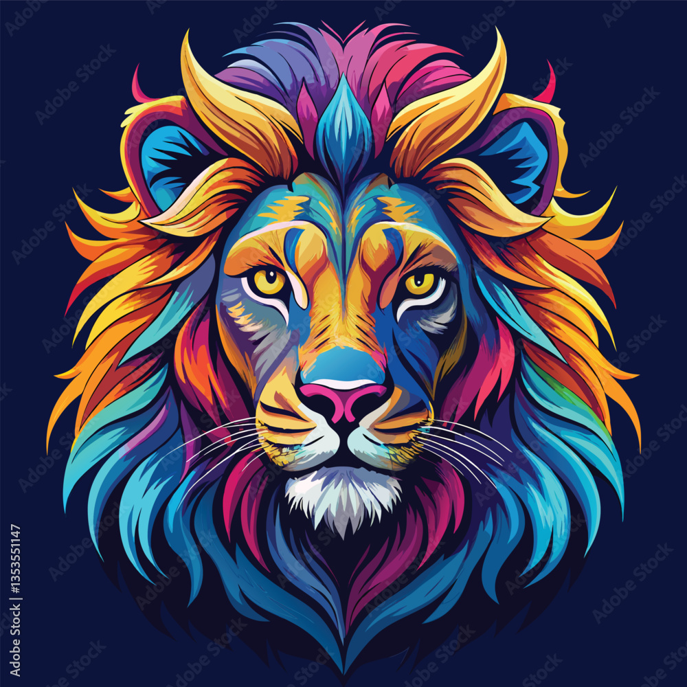 Close up of colorful lion face drawing vibrant vivid colored t-shirt design vector illustrations. Spectrum-spotted lion fierce beauty Close up of colorful lion face drawing vibrant vivid colored t-shirt design vector illustrations. Spectrum-spotted lion fierce beauty