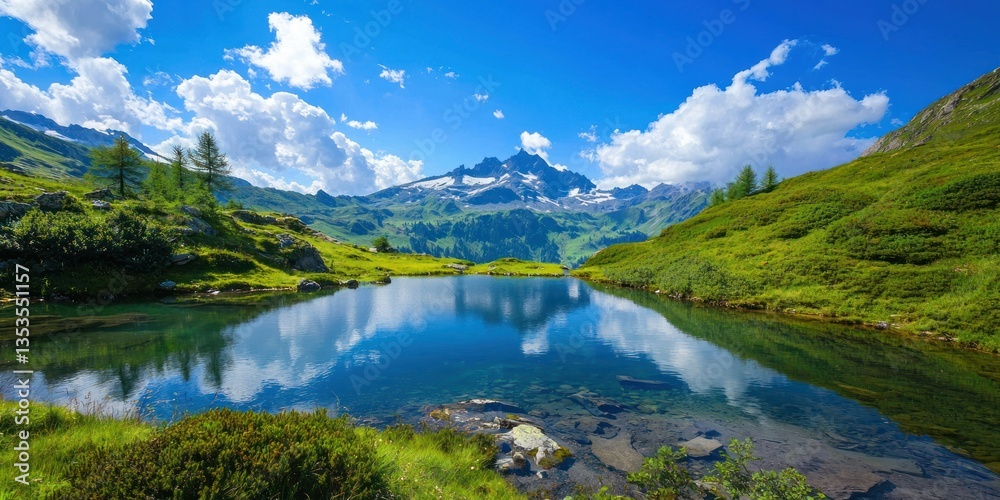Obraz premium A tranquil alpine scene with lush greenery and crystal-clear lakes