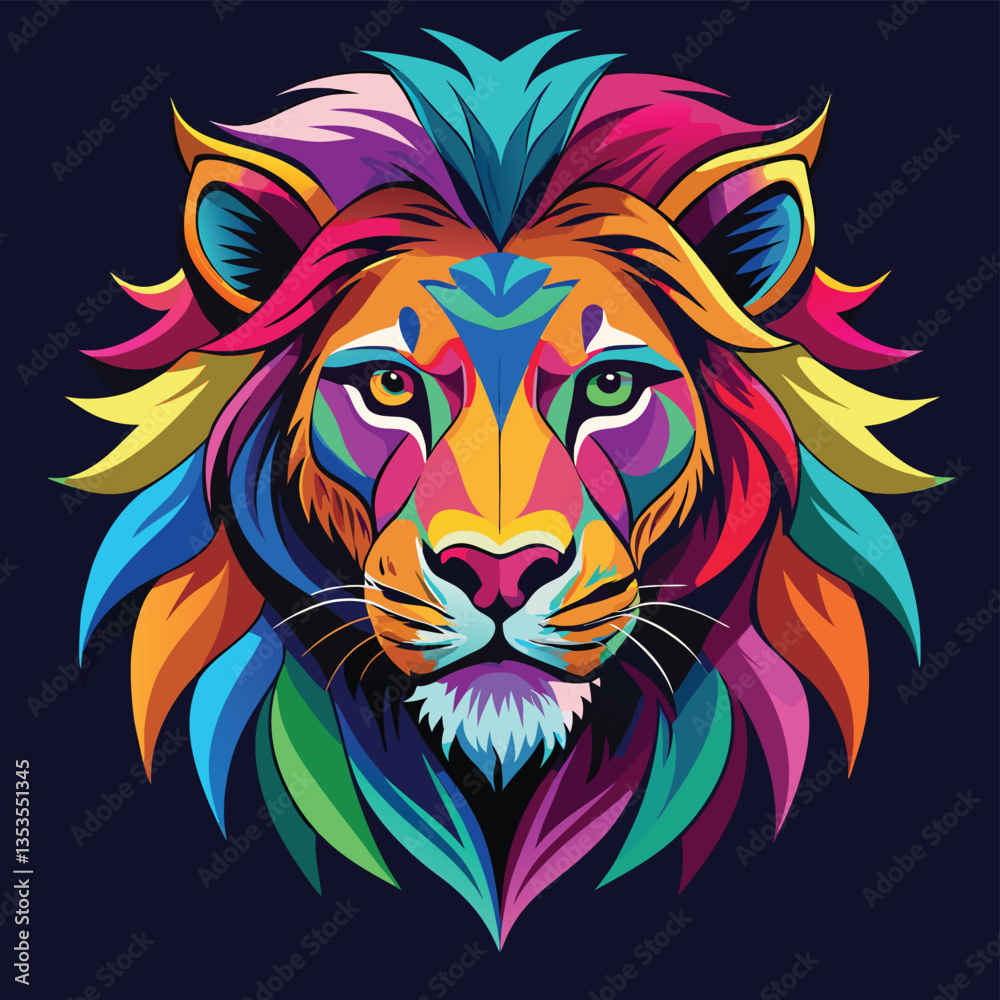 Close up of colorful lion face drawing vibrant vivid colored t-shirt design vector illustrations. Spectrum-spotted lion fierce beauty Close up of colorful lion face drawing vibrant vivid colored t-shirt design vector illustrations. Spectrum-spotted lion fierce beauty