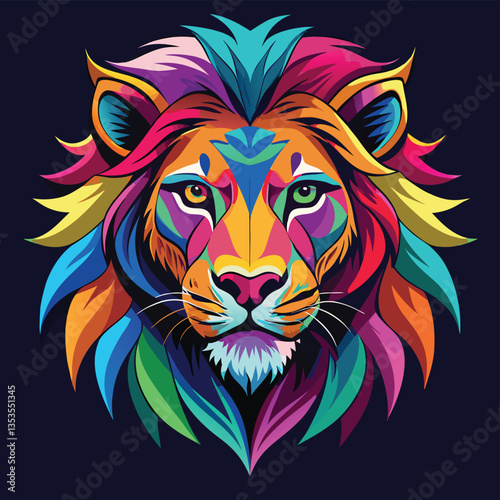 Close up of colorful lion face drawing vibrant vivid colored t-shirt design vector illustrations. Spectrum-spotted lion fierce beauty