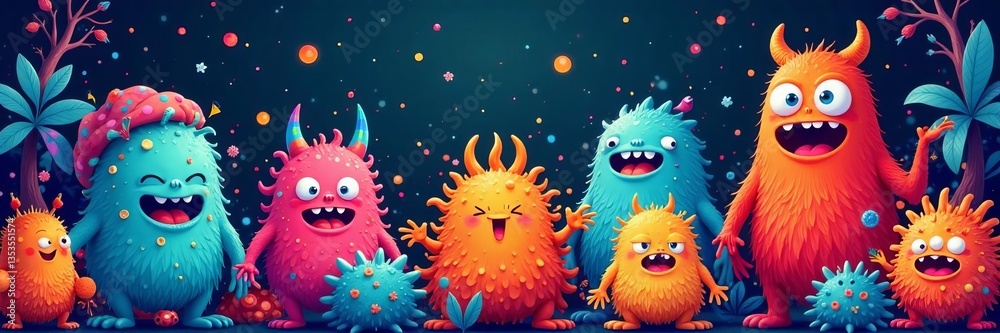 Colorful Group of Playful Monsters with Wide Open Mouths Expressing Humor and Whimsy in Fantasy Scene Colorful Group of Playful Monsters with Wide Open Mouths Expressing Humor and Whimsy in Fantasy Scene