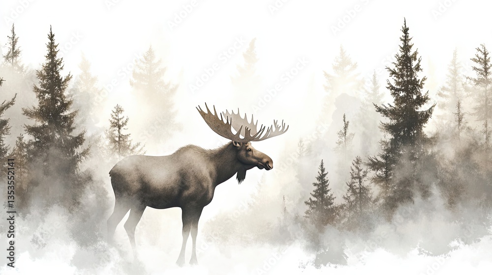 A large moose stands within a misty forest landscape scene