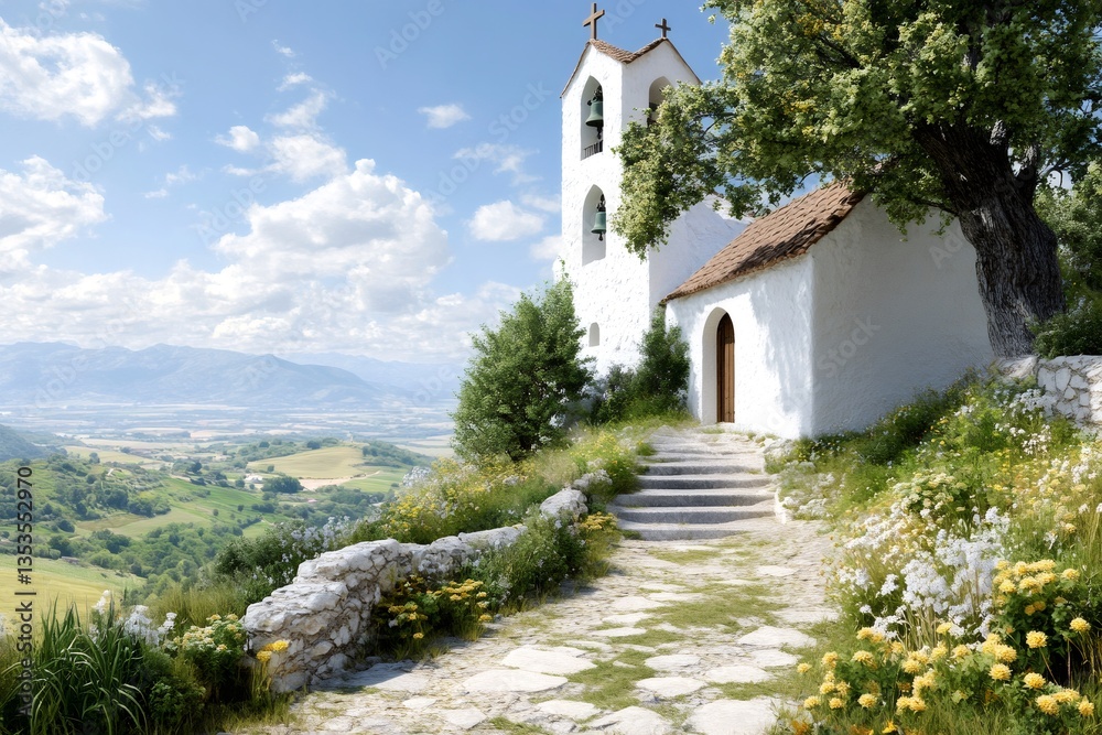 Naklejka premium Picturesque white chapel overlooking stunning valley landscape