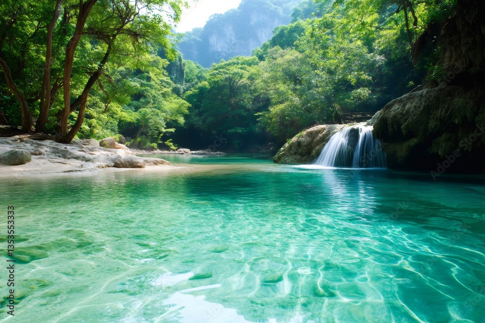 Obraz premium Beautiful waterfall flowing into turquoise pond in tropical jungle