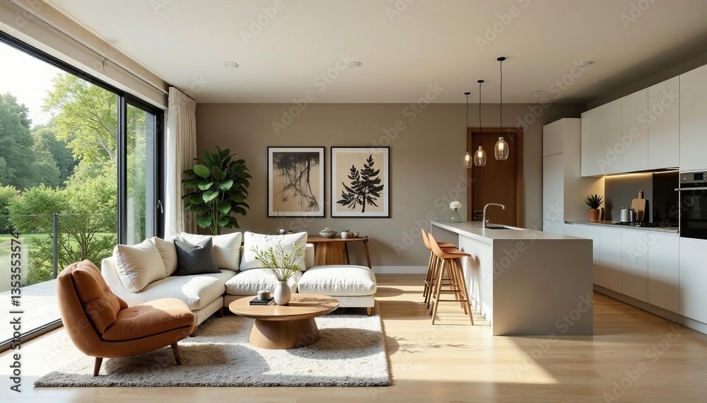 Fototapeta premium Contemporary open plan living room and kitchen with stylish furniture, elegant, modern, luxury