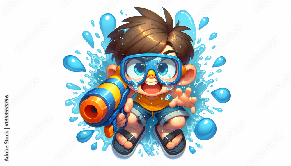 Fototapeta premium Songkran A top-down perspective of a cartoon character wearing a yellow tank top and blue shorts, crouching w4