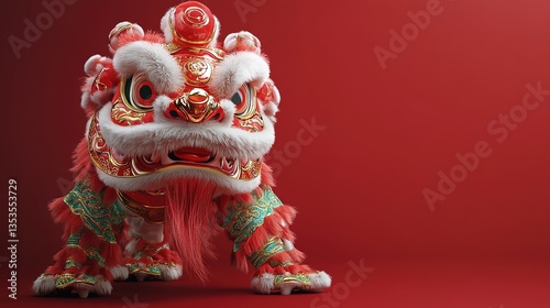 3D Rendered Chinese New Year Lion Dance on a Red Background, Colored in Red and Gold