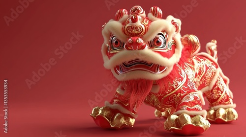 3D Rendered Chinese New Year Lion Dance on a Red Background, Colored in Red and Gold