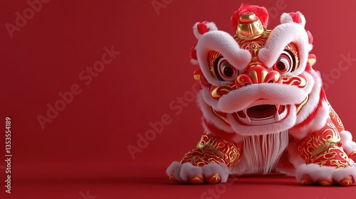 3D Rendered Chinese New Year Lion Dance on a Red Background, Colored in Red and Gold