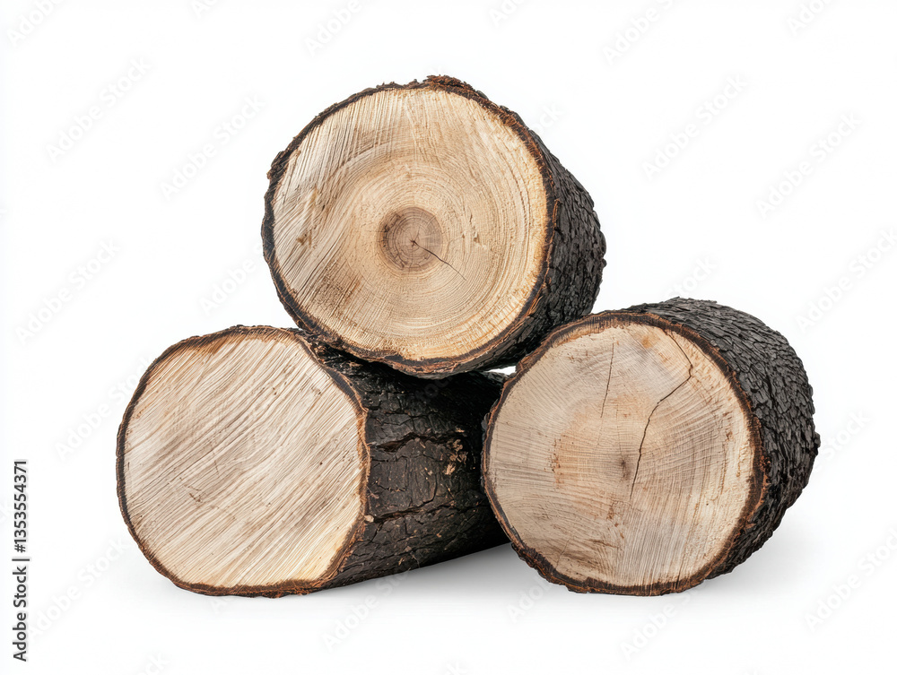 Three logs are stacked, showcasing their natural texture and grain patterns against a simple background. , Isolate white background Three logs are stacked, showcasing their natural texture and grain patterns against a simple background. , Isolate white background